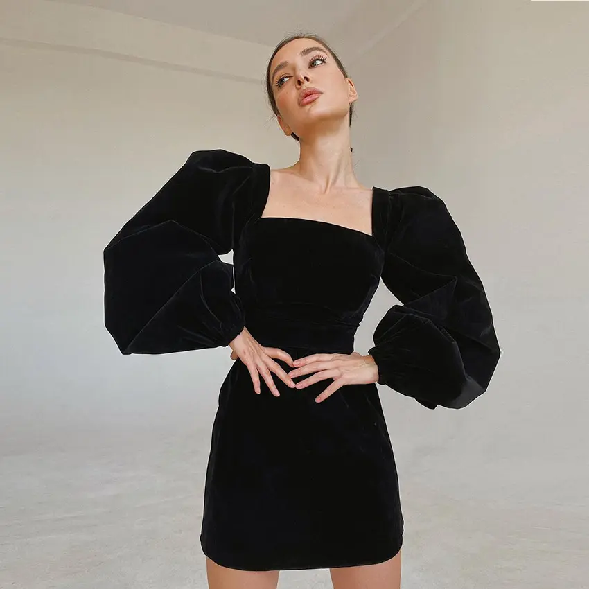 Fall New fashion Square Collar puff sleeve womens bodycon dresses sexy black velvet dress fashion women ladies clothes
