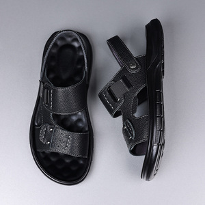 Men's Summer Sandals Top Layer Cowhide Flat Thick Soled Beach Casual Shoes Slip On Brown Black 9803 - Product Image 2