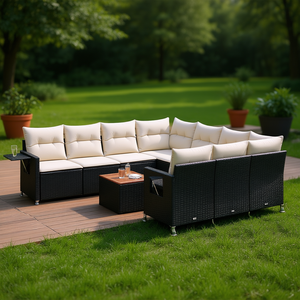 Black Poly Rattan Garden <b>Sofa</b> <b>Set</b> Adjustable Feet Outdoor Furniture Contemporary Design High-Density Foam Cushions - Product Image 2