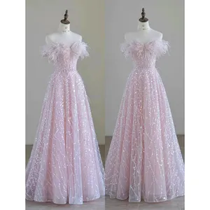 High Quality Elegant Pink Feather Bow Sequin Tassel A-line Evening Dress Off-shoulder Sleeveless Back Lace-up Party Gown