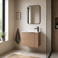 Ensemble de meuble-lavabo mural scandinave en bois avec miroir, lavabo en céramique blanc, meuble-lavabo suspendu avec rangement