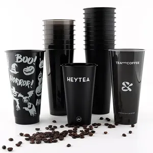 wholesale 16oz 20oz PP plastic cups with logo custom logo printed and lid disposable bubble tea custom 32oz black plastic cup