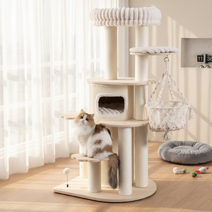 Tour pour <span class=keywords><strong>chat</strong></span> compacte et élégante, style <span class=keywords><strong>scandinave</strong></span> classique, en lin et bois, emballée en carton, pour appartement, décoration d'Halloween - Product Image 3