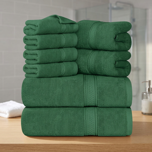 Juego de 8 Toallas de Baño Verdes de Algodón con Borde Dobby, Suaves y Absorbentes, para Hotel, Spa y Baño - Product Image 1