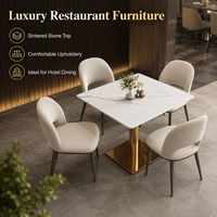 Ensemble de table à manger en marbre de luxe moderne avec base dorée et chaises rembourrées pour hôtel, restaurant, café, salle à manger