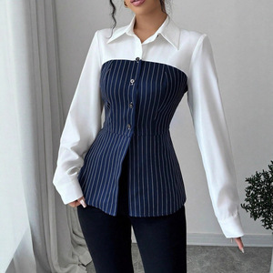 Kemeja Wanita Kasual Bergaris Lengan Panjang Slim-fit Musim Semi Gugur Terbaru Bahan Stretch Berkualitas Tinggi untuk Wanita - Product Image 1