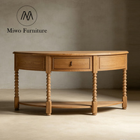 Console Demilune Antique Vintage en Bois avec Pieds Tournés, Tiroir et Étagère Inférieure pour Couloir