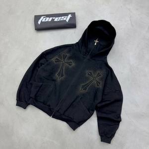 Sudadera con capucha para hombre, con cremallera completa, de algodón French Terry, estilo streetwear Y2K, con gráfico de cruz con pedrería brillante y logotipo personalizado. - Product Image 1