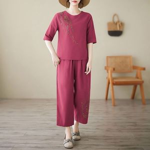 Women's Cotton Linen Two Piece Set Embroidered Mid Sleeve <b>Top</b> Cropped Pants Casual Wear - Product Image 3