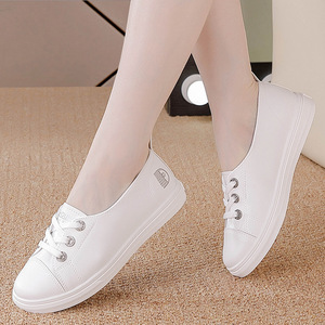 Zapatillas Blancas de Piel Vacuna para Mujer, Estilo Coreano, Versátiles, Casuales, con Elástico, Planas, para Verano - Product Image 3