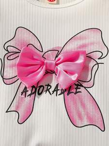 Großhandel Kleinkind Mädchen Kleidungsset Kurzarm Seiden-Schleife Bedrucktes T-Shirt + Jeansrock 2-teiliges Outfit Kleidungsset - Product Image 4