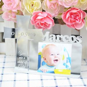Luz oro plata espejo acrílico grabado nombre logo bebé Primera Comunión bautismo Cruz <span class=keywords><strong>marcos</strong></span> de fotos - Product Image 6