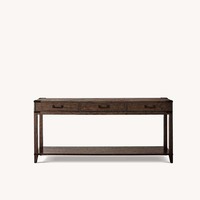 Console minimaliste sophistiquée en chêne naturel, trois tiroirs, quincaillerie métallique, étagère pleine longueur, embouts de pieds, durable pour salon