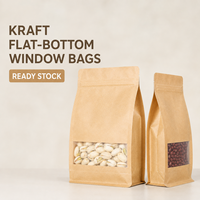 Sacs à fond plat en kraft avec fenêtre transparente et fermeture éclair refermable pour noix, thé, en-cas - En stock