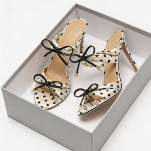 Mules à talons aiguilles en satin de soie à pois pour femme, avec nœud décoratif, bout ouvert, sandales à talons hauts pour soirée - Product Image 2