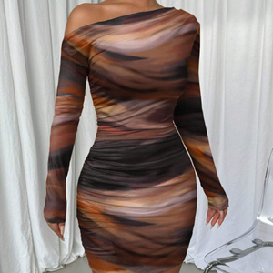 Vestido Midi de Verano para Mujer, Estilo Europeo Americano, de Alta Calidad, <span class=keywords><strong>Sexy</strong></span>, Fruncido, Casual, Ajustado, con Cuello Asimétrico y Cintura Alta - Product Image 6