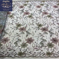 Tissu en tulle gris clair, rose poudré et sauge, orné de fleurs, de perles et de paillettes, avec bordure festonnée, pour robes Abaya et Kaftan de Dubaï