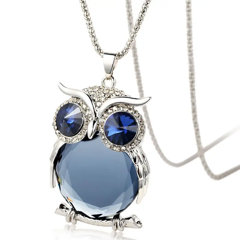 Hip Hop Crystal Owl Necklaces Men Women Long Chain Punk Casual Blue Eyes Animal Pendant Sweater Necklace Jewelry Accessories