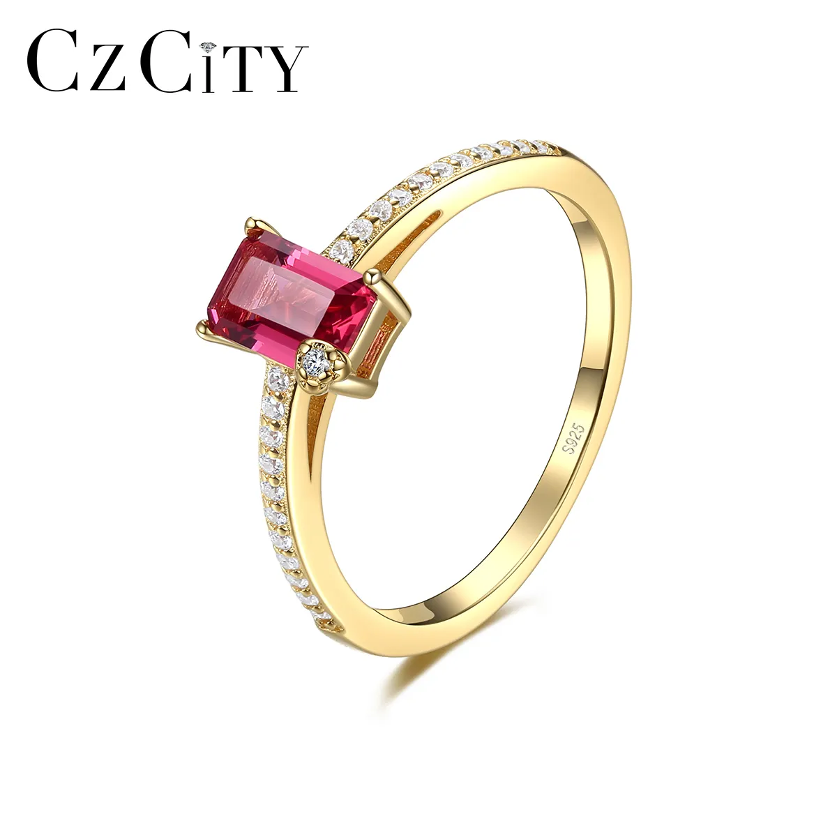 CZCITY Gold Plated S925 Sterling Silver Gemstone Ring Clear Cubic Zirconia Emerald Cut Engagement Ring Ruby Stone