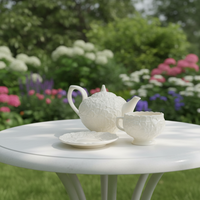 Service à thé en céramique durable et écologique, design floral vintage en relief, luxe léger, couleur beige, tasse à café et soucoupe, thé de haute valeur