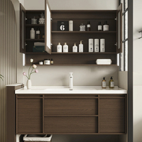 Meuble-lavabo moderne en noyer avec miroir à cadre squeletté et étagères ouvertes, armoire de rangement murale pour salle de bain