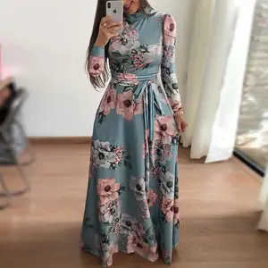 Women's Floral Printed Long Casual Plus Size Dress High Neck Belt Elegant Long And Short Sleeve Maxi Dresses