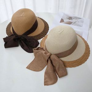 Color Matching Bow Fashion Women Summer Large Brim Bulk <b>Sunscreen</b> Shading Fisherman Wholesale Hat Straw - Product Image 1