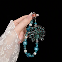 Funda de Teléfono de Lujo con Diseño de Pavo Real, Brillantina, Cristales, Pedrería, Cordón con Cuentas, Adorno de Plata Esmeralda Teal, Joyería Hecha a Mano al por Mayor