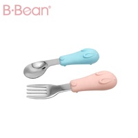 Ensemble cuillère et fourchette pour bébé en silicone et acier inoxydable sans BPA, à manche court, en forme d'animaux, pour enfants et tout-petits
