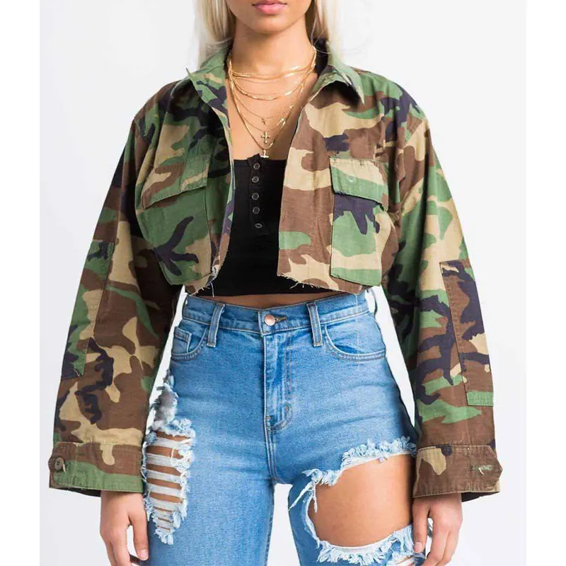 Fashion Short Camo Cargo Jacket American Hot Selling Temperament Commuter Camouflage Navel Revealing Personalized Coat