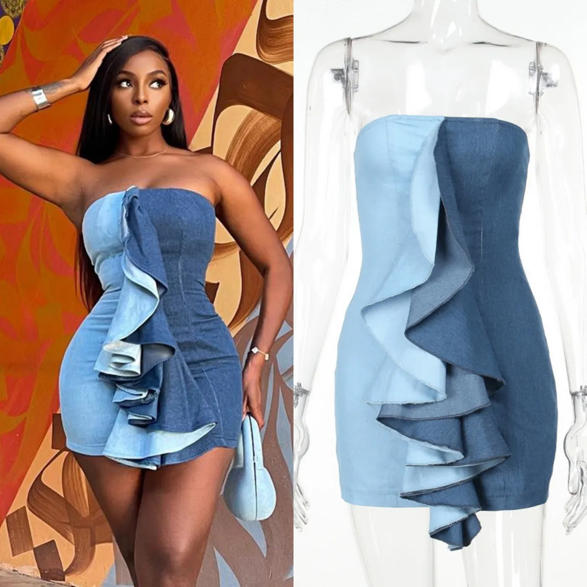 Tube Top Ruffle Edge Denim Cor Combinando Vestido Nova Moda Spice Girl Hip Wrap Dress