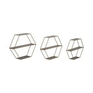 Mensole esagonali da parete con struttura in metallo e ripiani in legno, organizer per l'arredamento della casa, espositore per soggiorno. - Product Image 1