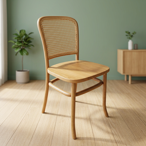 Chaise de salle à manger en teck massif avec dossier en rotin naturel, sans accoudoirs, style bistrot - Product Image 2