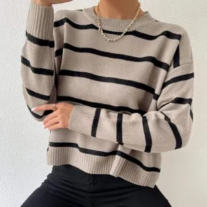 Hot sale crew neck knitwear cotton custom knit sweater wholesale supplier drop shoulder cotton striped pullover sweaters women