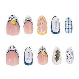 Ongles à presser French Manucure Ovale, motif floral bleu citron estival, peints à la main, réutilisables, effet 3D glacé, modèle populaire US/UE - Product Image 5