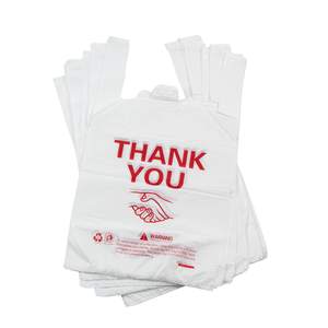 Sacs d'épicerie en plastique recyclables blancs à poignée robuste avec design de t-shirt «merci» personnalisable pour une utilisation au supermarché - Product Image 3