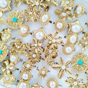 Matte Gold Floral Pearl Statement <b>Rings</b> For Women <b>Adjustable</b> Open Stainless Steel Oversized Petal Finger <b>Rings</b> European Vintage - Product Image 5
