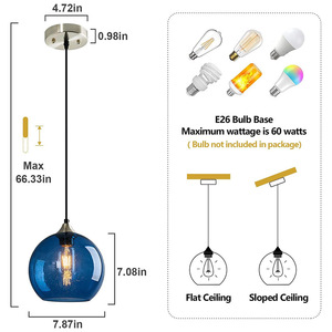 Blue Glass Pendant <b>Light</b> Round E26 Incandescent <b>Bulb</b> <b>Kitchen</b> Bar Restaurant Lighting - Product Image 4