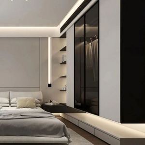 Armoires doubles minimalistes haut de gamme personnalisées, portes en bois et en verre, écologiques, meubles de chambre à coucher, dressing - Product Image 5
