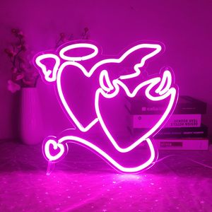 Ajoyferris ป้ายไฟ LED นีออนสำหรับผู้หญิงสีชมพูและสัญลักษณ์รูปปีศาจนางฟ้านีออนสัญลักษณ์หัวใจสีชมพูสำหรับตกแต่งห้องนอนหรี่แสงได้สำหรับห้องนอนบาร์ STO - Product Image 1