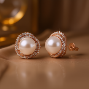 Orecchini a Perno E3079 Placcati in Oro Rosa con Perla Coltivata AAA Rotonda Bianca, Montatura a Castone, Gioielli Classici da Sposa per Donna - Product Image 2