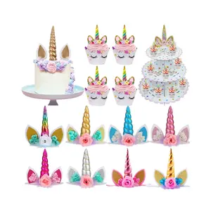 El yapımı Unicorn kek Topper Unicorn tema Set renkli Unicorn boynuz plastik Topper kek dekorasyon için
