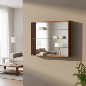 Vitrina moderna para montaje en pared, 95x85cm, puertas de vidrio de madera de cerezo con parte trasera de espejo y estantes ajustables - Product Image 3