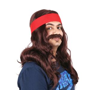 Perruque de fête synthétique longue et ondulée rouge avec bandeau et ensemble de moustache pour fête <span class=keywords><strong>disco</strong></span> des années 70, Halloween, cosplay - Product Image 2