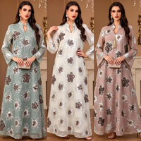 Abaya pour femmes musulmanes, col en V, élégante, col montant, broderie florale à sequins et perles, manches évasées, robe longue en polyester pour soirée
