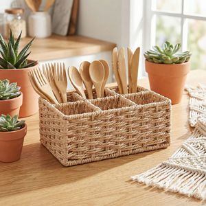 Woven Storage Basket Multi Compartment Cutlery Organizer Rectangle Handmade Straw Office <b>Desk</b> Cabinet Organizer <b>Rustic</b> Style - Product Image 2