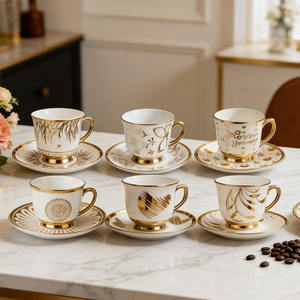 Service à thé en céramique décoré plaqué or de luxe, fabriqué en Jordanie, tasses à café turques en porcelaine fine avec soucoupes pour café et mariage - Product Image 1