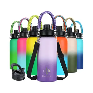 Custom Laser Logo Wide Mouth Vacuum Stainless Steel Water Bottle 32oz Insulated Water Bottle With Paracord Handles