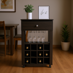 Chariot à vin Twelve Wine Cubbies, finition carbone espresso, capacité de 10 à 19 bouteilles, avec support à verres, pour ameublement domestique - Product Image 2