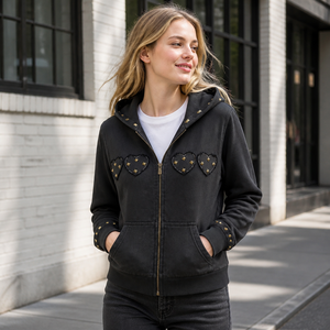 New Washed Hooded Jacket 80% Cotton 20% Polyester, Zip up Applique <strong>Heart</strong> Embroidery Rivet Long Sleeve Hoodie S-M-L - Product Image 1